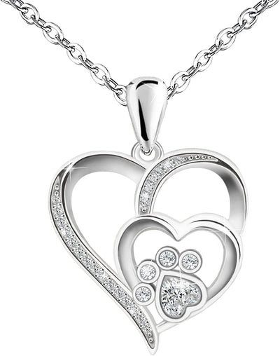 Paw Necklace for Women – Sterling Silver Heart Pendant with Paw Print and Zirconia