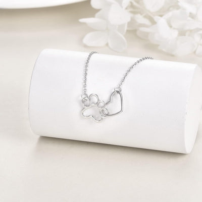 Paw Print Necklace in Sterling Silver – Heart Crystal Pendant with Dog Paw