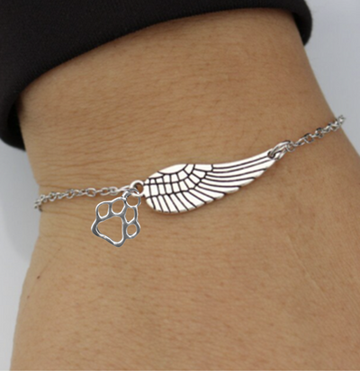 Silver Memorial Bracelet with Angel Wings & Paw Print | Handmade