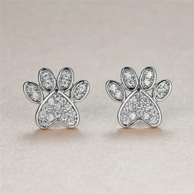 Heart-Shaped Cat Paw Stud Earrings with White Zircon