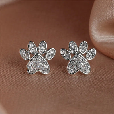 Heart-Shaped Cat Paw Stud Earrings with White Zircon