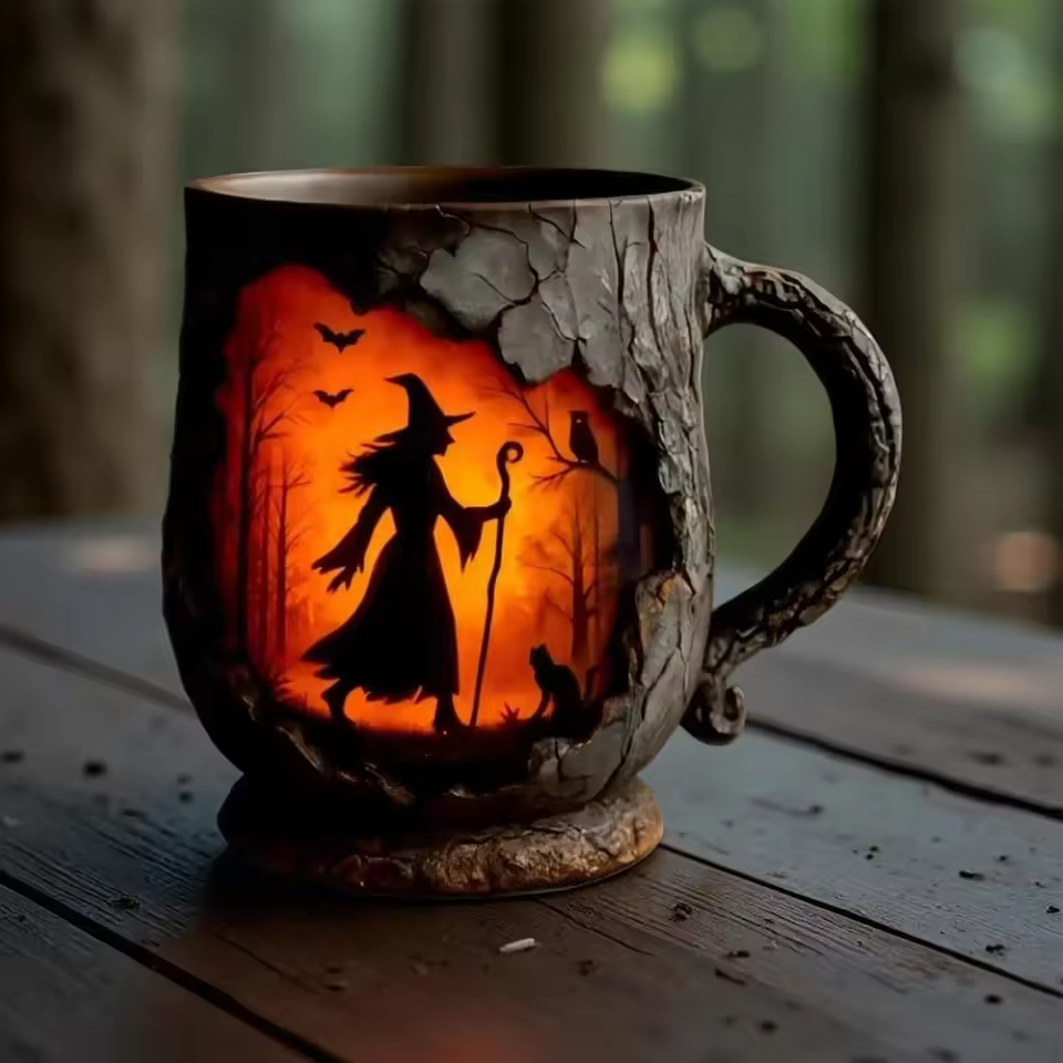 Tasse Halloween 3D artisanale – Sorcière et chat