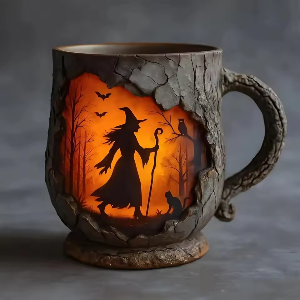 Tasse Halloween 3D artisanale – Sorcière et chat