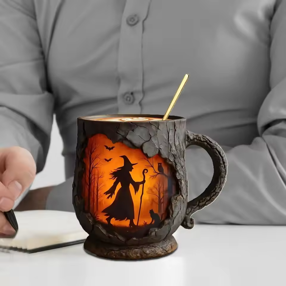 Tasse Halloween 3D artisanale – Sorcière et chat
