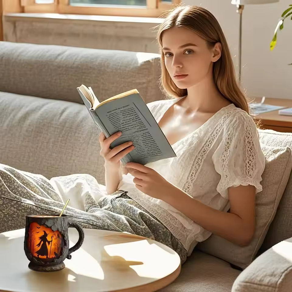 Tasse Halloween 3D artisanale – Sorcière et chat