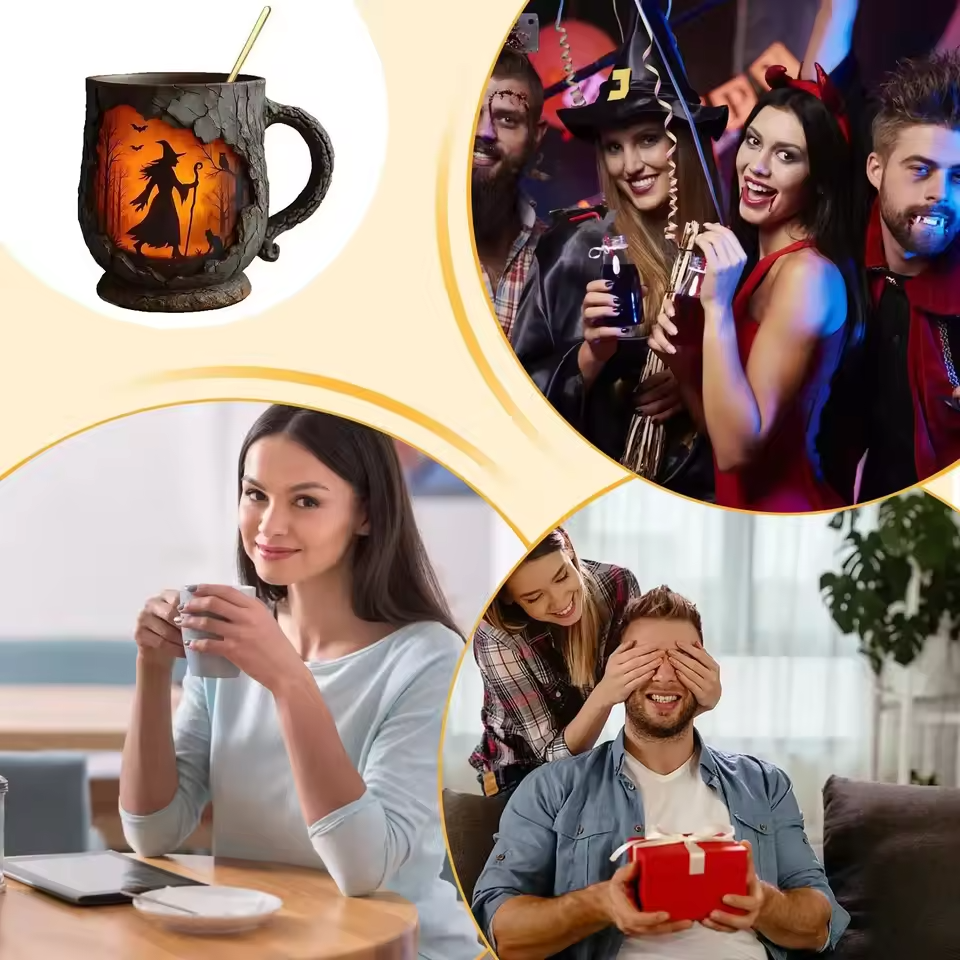 Tasse Halloween 3D artisanale – Sorcière et chat