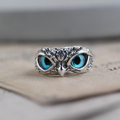 Adjustable Lucky Owl Ring in Silver with Opal