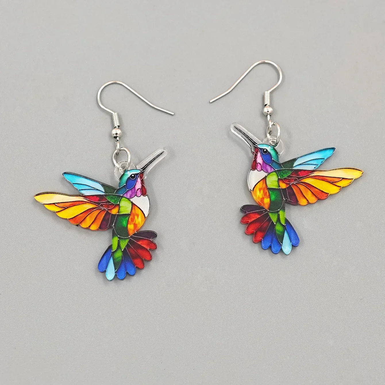 Colorful Hummingbird Dangle Earrings – Acrylic Bird Earrings in 2D Design