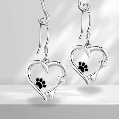 Heart-Shaped Dangle Earrings with Paw Print – Playful Silver Jewelry