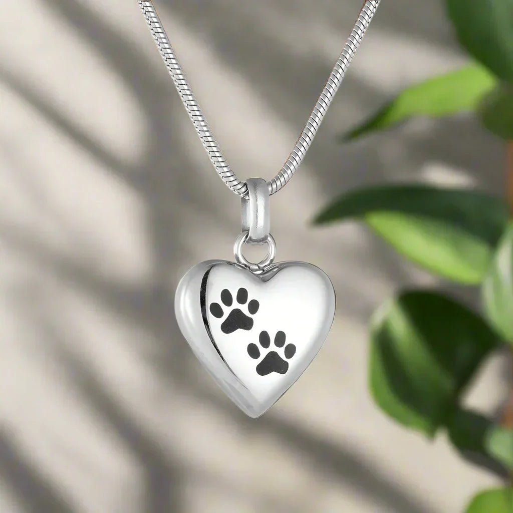 Memorial Necklace with Paw Heart – Stainless Steel Urn Pendant