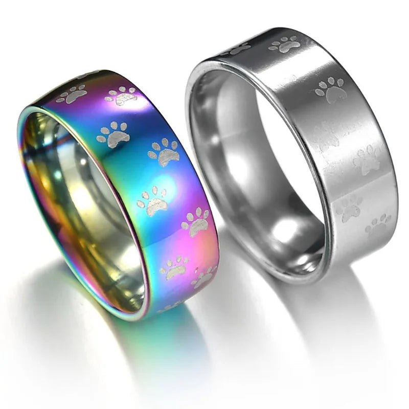 Handcrafted Rainbow Stainless Steel Ring with Paw Print
