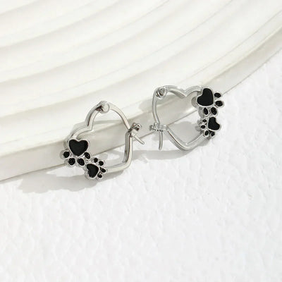 Heart-Paw Hoops – Silver Animal Motif Earrings with Black Enamel Design