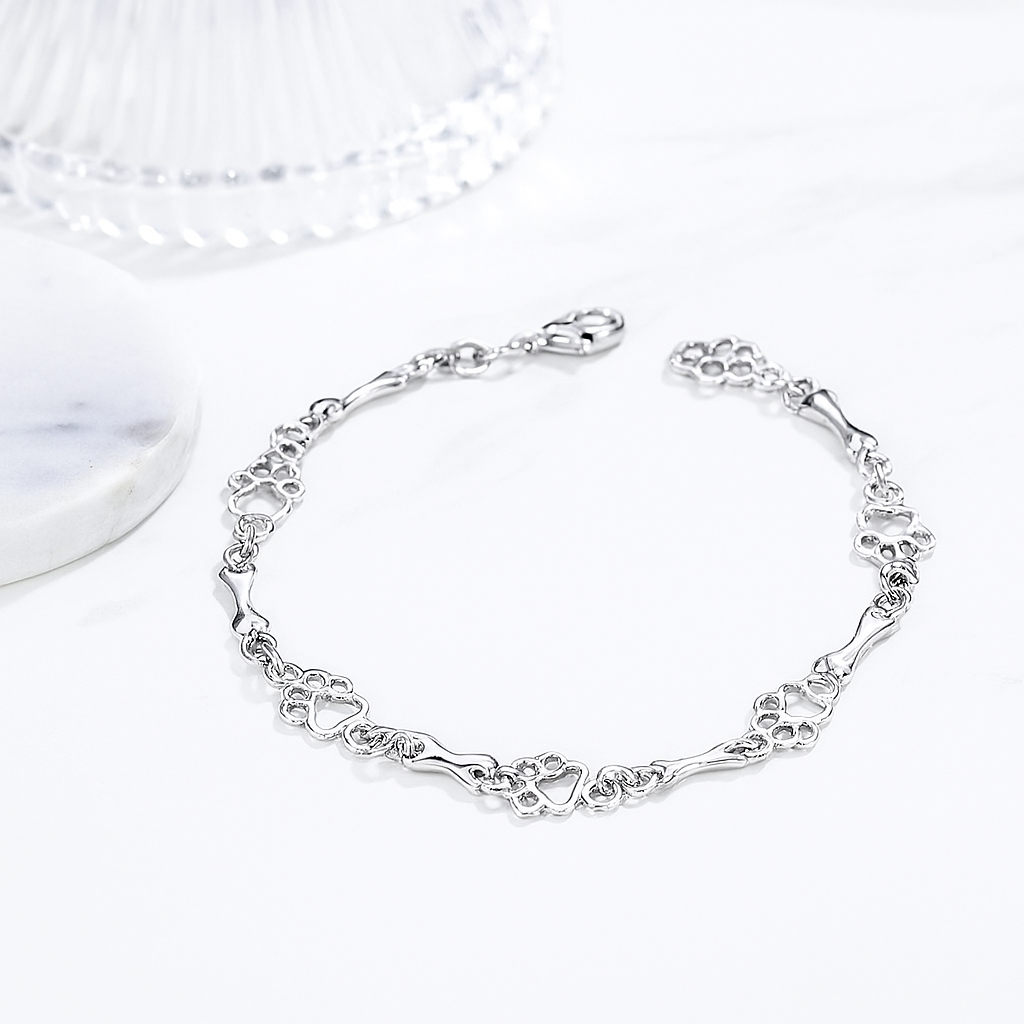 Bracelet with Dog Paw and Bone Charms Made of Pure Silver
