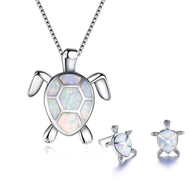 Sea Turtle Set – Silver Necklace & Earrings with Opal